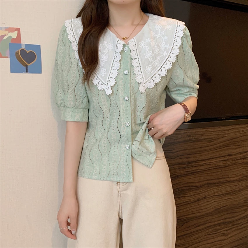 Áo Sơ Mi Trắng Tay Ngắn Cổ Búp Bê Phong Cách Hàn Quốc Ngọt Ngào Thời Trang Mùa