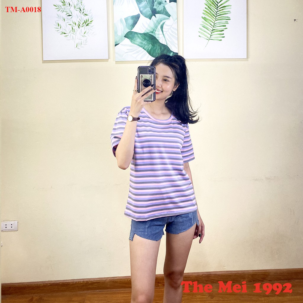 Áo phông tay lỡ The Mei 1992- Áo thun nữ form rộng cotton kẻ ngang bản nhỏ cổ tròn siêu mát