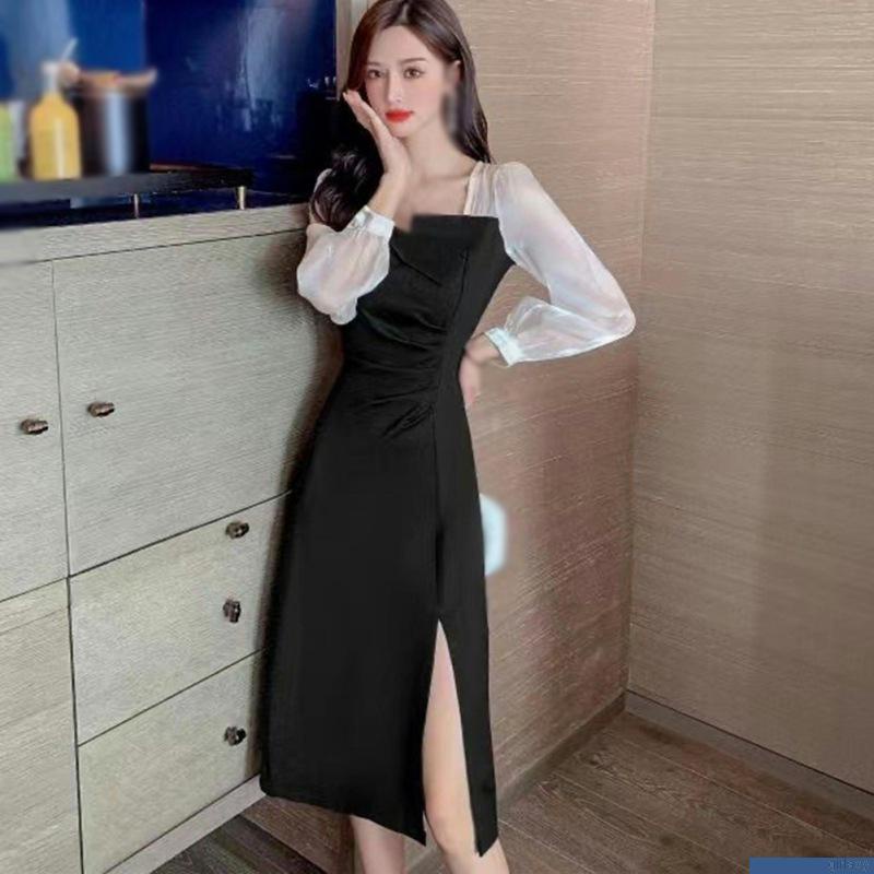 Đầm maxi dài tay phối lưới thiết kế xẻ tà phong cách Hàn quốc quyến rũ cho nữ