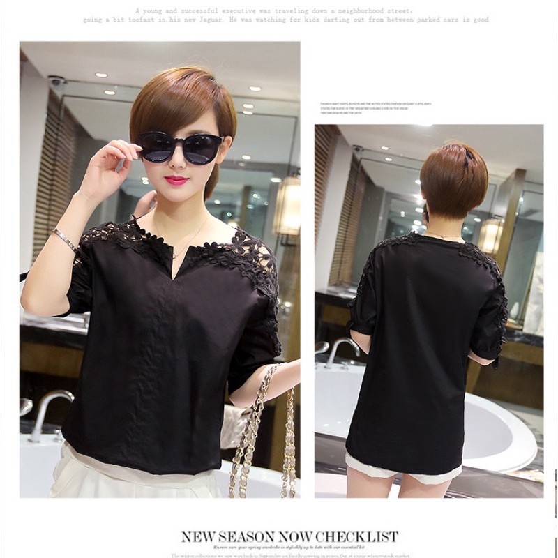 MS064 Áo sơ mi phối ren cổ thuyền khoét ngực PhuLinhShop