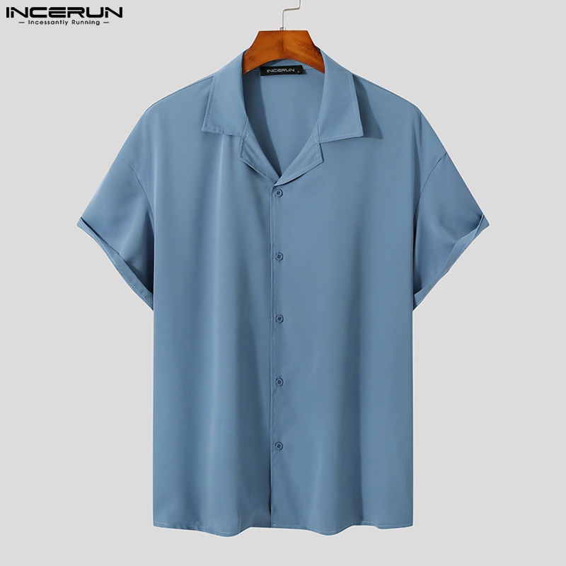 INCERUN Áo Sơ Mi Ngắn Tay Màu Sắc Đơn Giản Thời Trang Mùa Hè Cho Nam