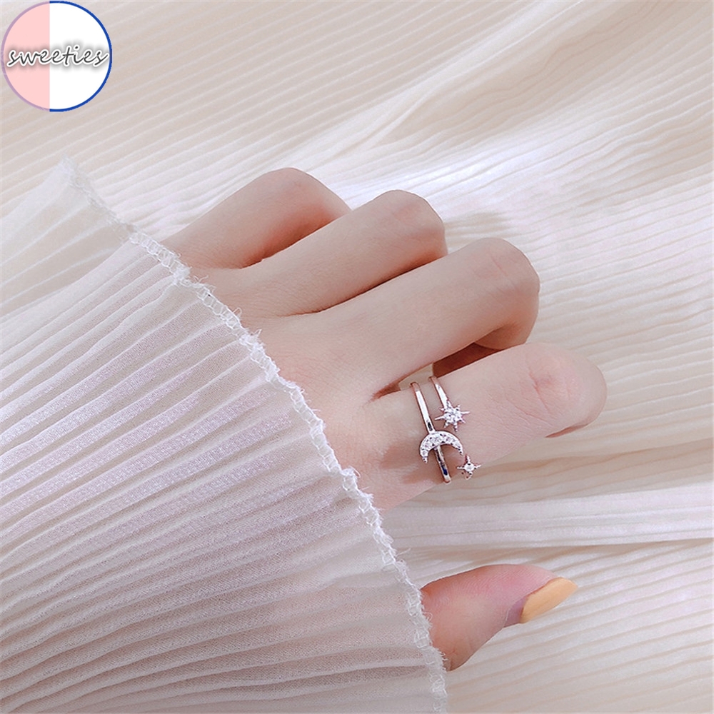 Nhẫn Hở Hình Mặt Trăng Và Ngôi Sao Đính Đá Lấp Lánh Xinh Xắn