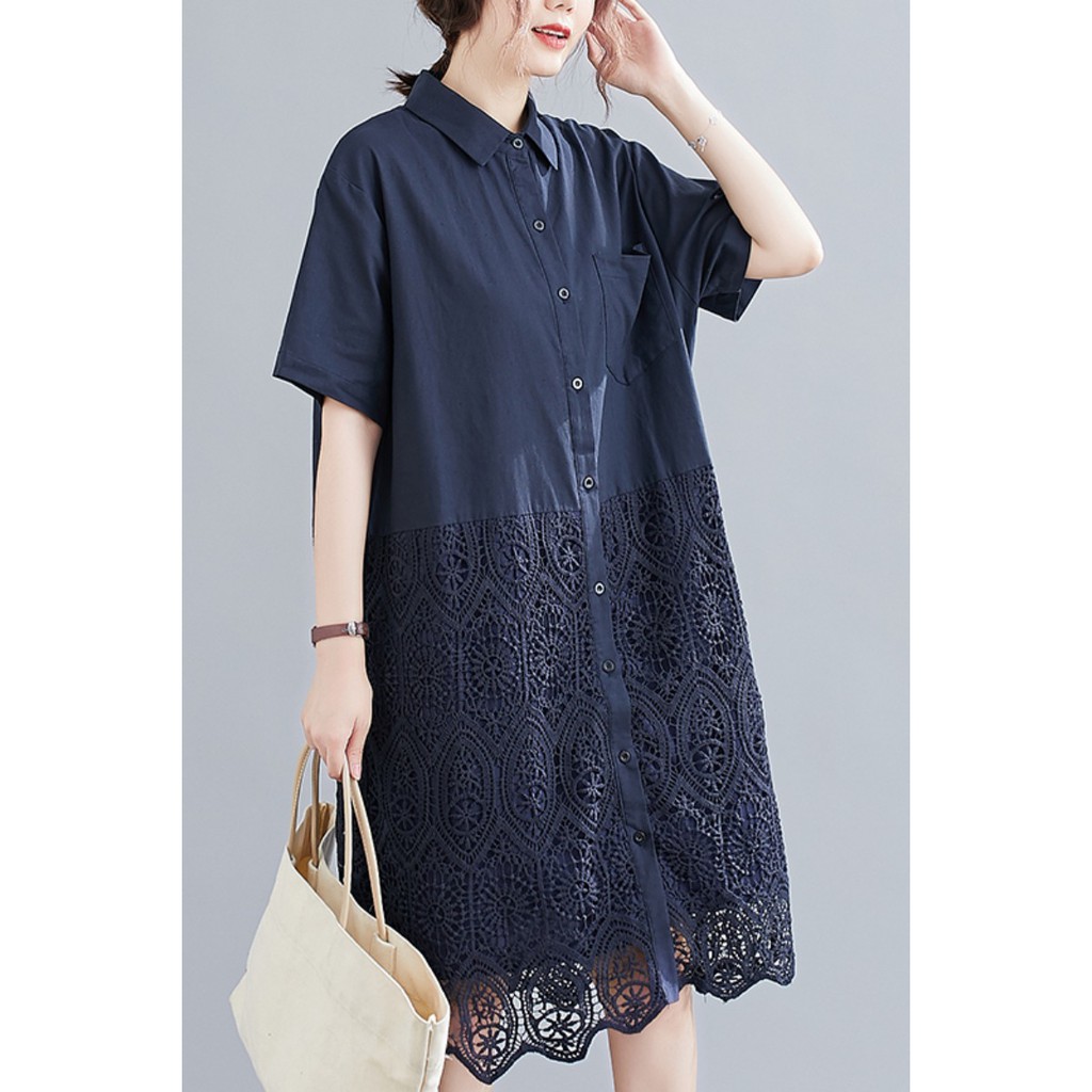 B204 Đầm bigsize dáng suông kiểu sơ mi phối ren dưới thời trang