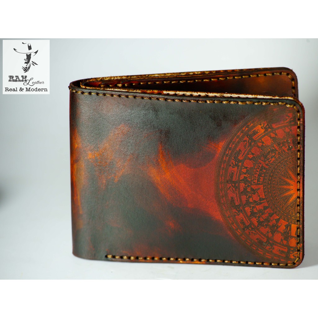 Ví nam Nữ Da Bò Italia Vegtan RAM Leather Khắc Trống Đồng Việt Nam Nâu Medium Brown