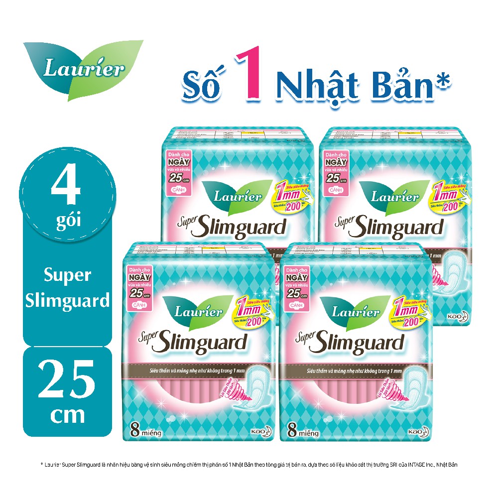 Combo 4 gói băng vệ sinh Laurier siêu mỏng bảo vệ (25 cm/miếng,8 miếng/gói)