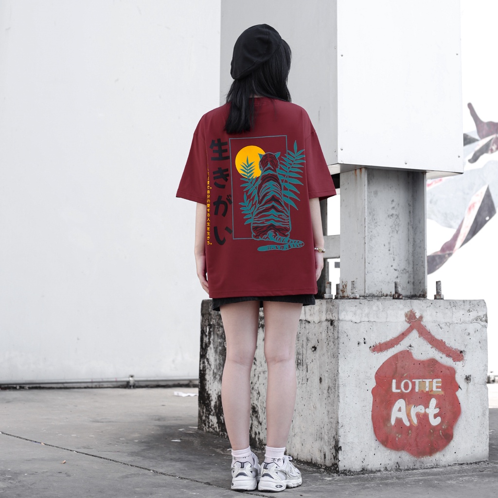 Áo Thun Con Hổ Họa Tiết Nhật Bản Đỏ Đô Hình In Sắc Nét Chất Liệu 100% Cotton Form Rộng Thoải Mái Unisex Nam Nữ