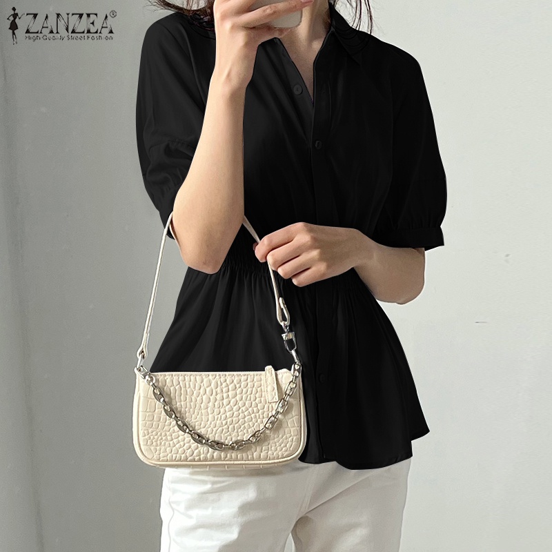 ZANZEA Áo Sơ Mi Nữ Tay Ngắn Màu Trơn Cài Nút Thời Trang Phong Cách Hàn Quốc