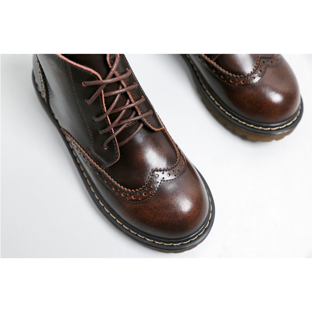 Giày bốt Martin phong cách JK Nhật Bản gót Thấp cổ cao Da bò trên Dây kéo bên