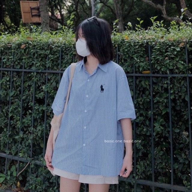 Áo sơ mi cộc tay kẻ sọc thêu hình kimlala vintage