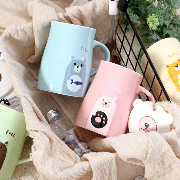 Cốc sứ cao cấp có nắp kèm muỗng chân gấu màu pastel