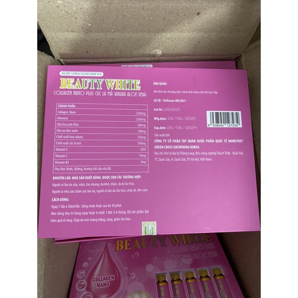 Nước uống sáng đẹp da BEAUTY WHITE COLLAGEN NANO PLUS Cúc la mã Sakura Aloe vera - Hộp 15 túi x 25ml
