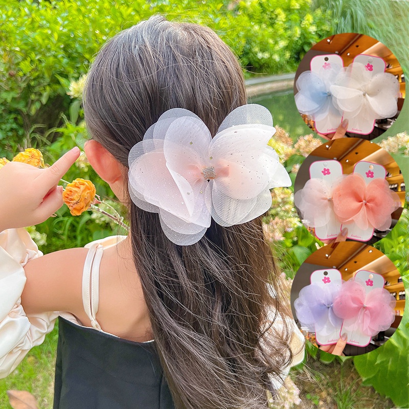 Kẹp Tóc Nơ Lưới Đính Kim Sa Đáng Yêu Công Chúa Hàn Quốc Cho Bé Gái Mới