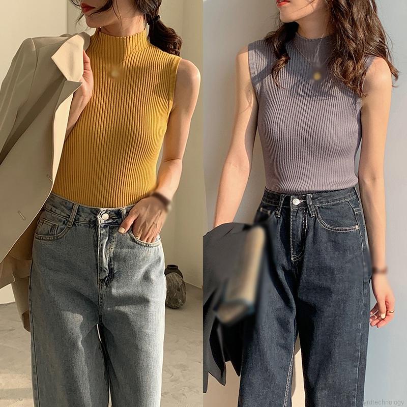 Áo Dệt Kim Sát Nách Cổ Cao Màu Sắc Đơn Giản Phong Cách Retro Mùa Hè