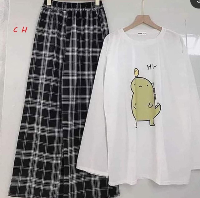 Sét khủng long hi quần kẻ đen COY876