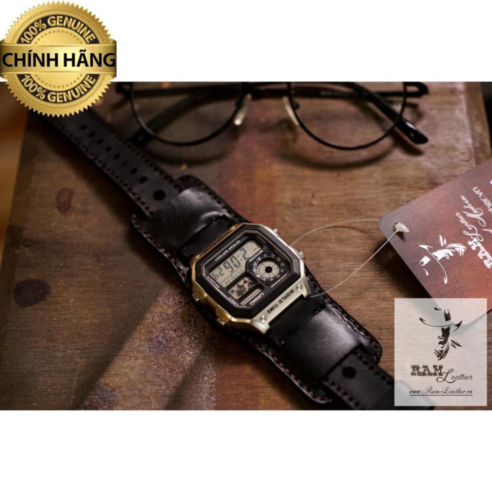 (TẶNG FULL PHỤ KIỆN) DÂY ĐỒNG HỒ DA BÒ ĐEN TUYỀN CHO CASIO AE1200 + B2 BUNDSTRAP .