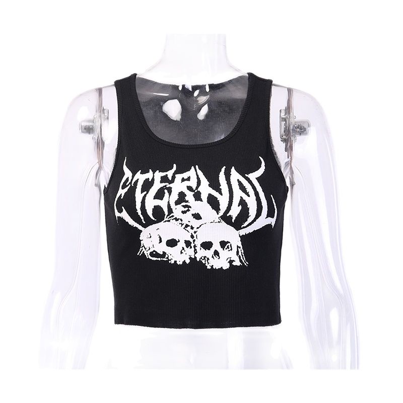 Áo croptop TODOBLACK không tay cổ tròn ôm dáng in hình đầu lâu phong cách gothic thời trang mùa hè cho nữ