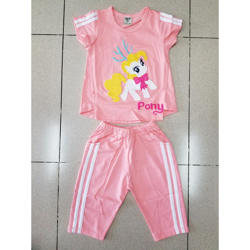 Bộ thun cotton bé gái thêu ngựa pony phối sọc