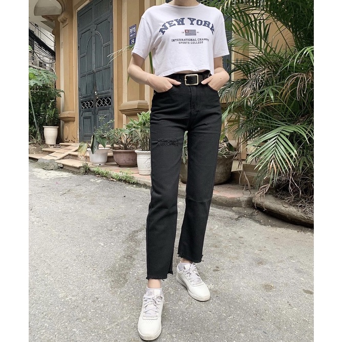 Quần baggy jeans đen rách chất mềm mịn B116