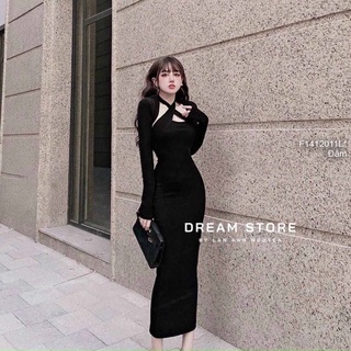 Đầm body thun gân cổ yếm đắp chéo hở ngực tay dài1-2 ngày về