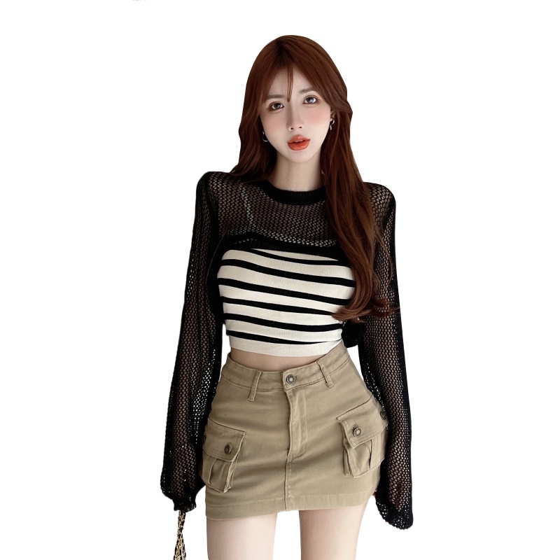 Set Áo Lửng Dài Tay Họa Tiết Kẻ Sọc + Quần Dài Thời Trang Dành Cho Nữ