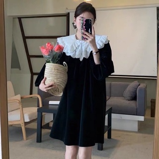 Luna dress đầm nhung dáng xoè phối cổ sen trắng