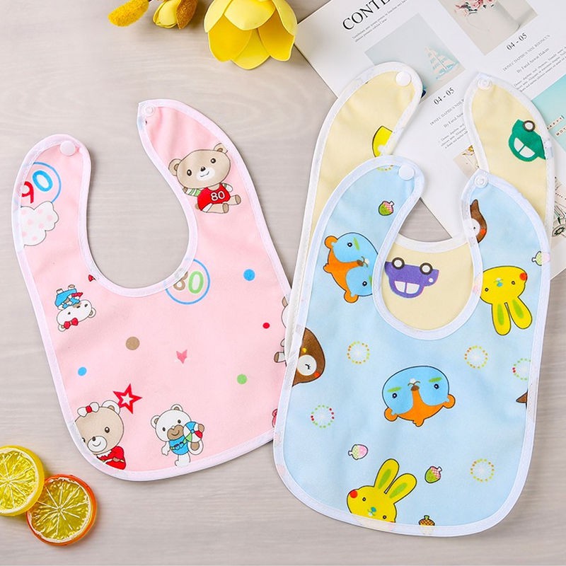 Yếm ăn dặm cho bé, yếm ăn dặm chống thấm 2 lớp có cúc bấm, in hình ngộ nghĩnh đáng yêu