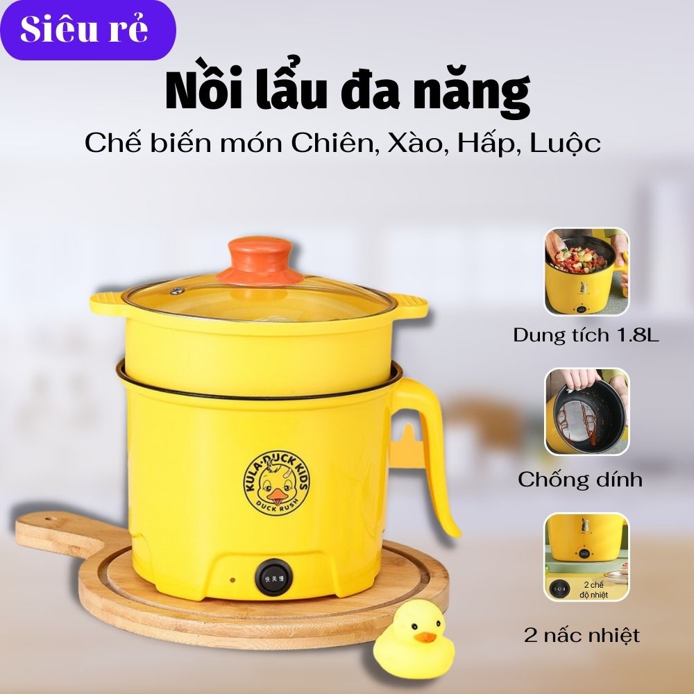 Nồi điện mini VỊT VÀNG 2 tầng đa năng nấu cơm lẩu cháo chiên xào dung tích 1,8L