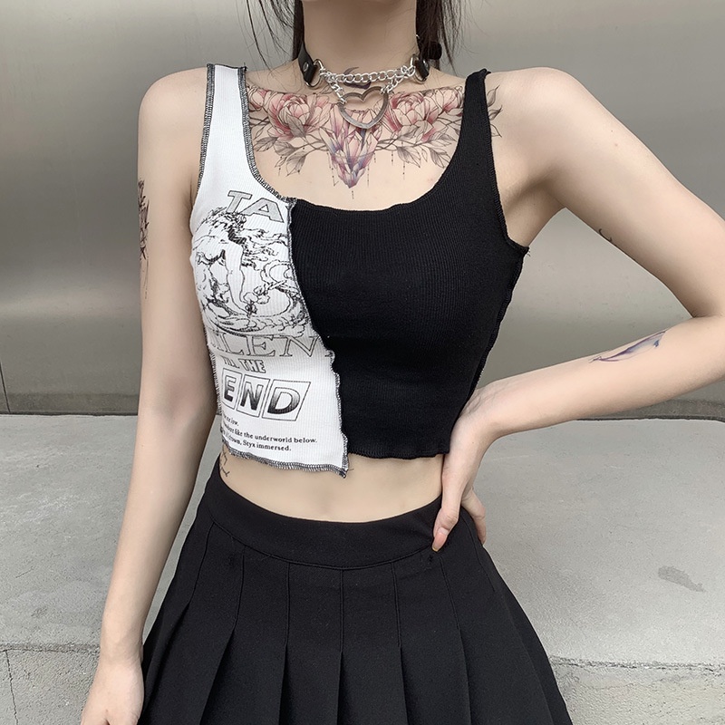Áo Croptop Sát Nách Ghép Màu In Chữ Phong Cách Punk Đường Phố Cá Tính Cho Nữ