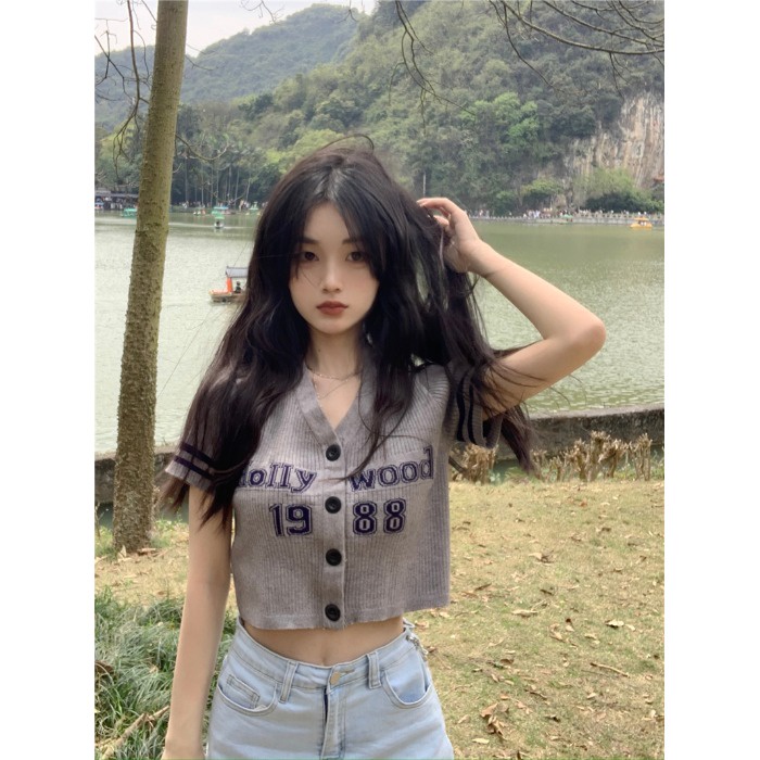 622066#Áo Cardigan Dệt Kim Tay Ngắn Cổ Chữ v Thời Trang Mùa Hè Hàn Quốc Hàng Mới 2022