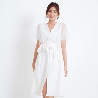 Đầm Thắt Nơ Eo Phối Tay Lưới EDINI - D1110