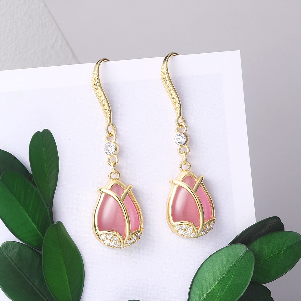 ZHOUYANG Bông tai thả cổ điển cho phụ nữ Phong cách Hàn Quốc Màu hồng hồng Opal Xỏ khuyên Bông tai Đám cưới Món quà Giáng sinh Bán buôn đồ trang sức E047