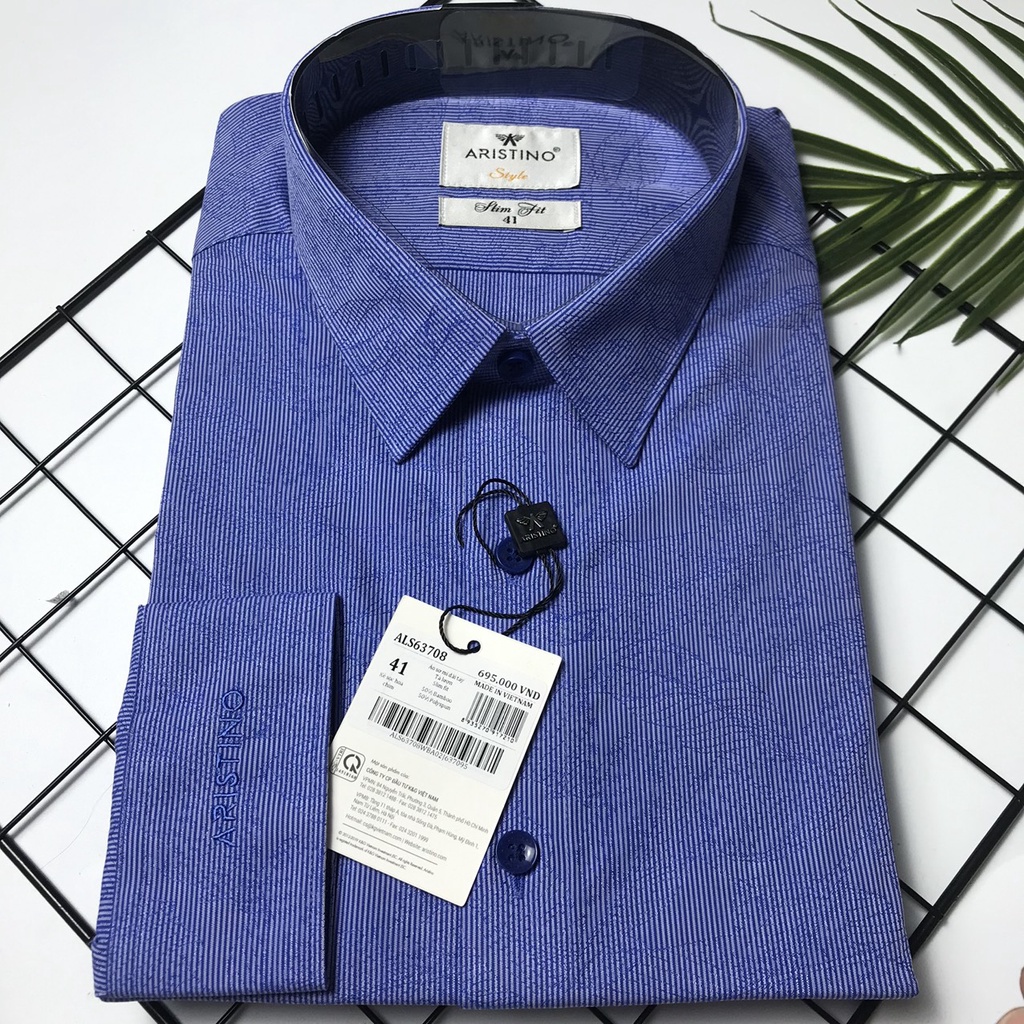 Áo sơ mi dài tay Aristino sợi tre kháng khuẩn, họa tiết kẻ sọc hoa chìm , slim ALS63708