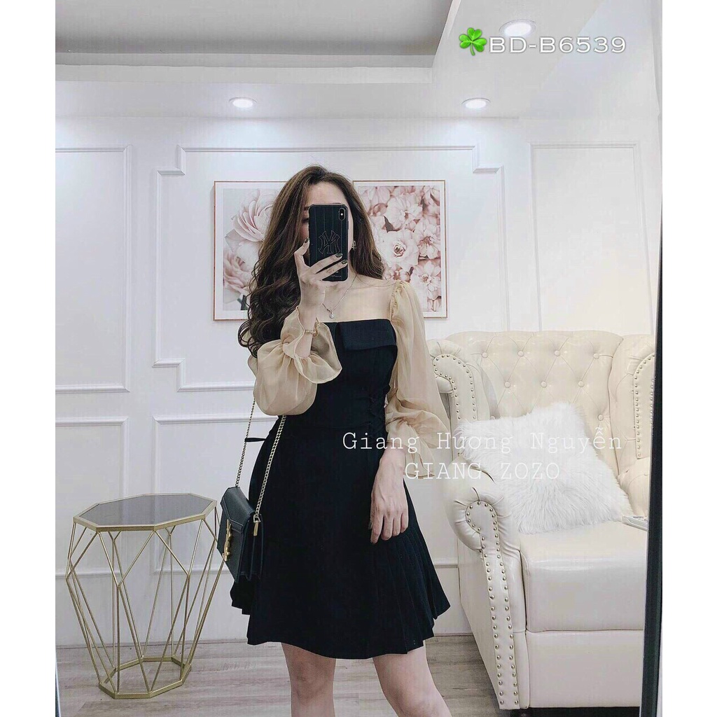 Đầm tiểu thư chữ A ,đầm đen cổ vuông phối tay voan đan dây hông
