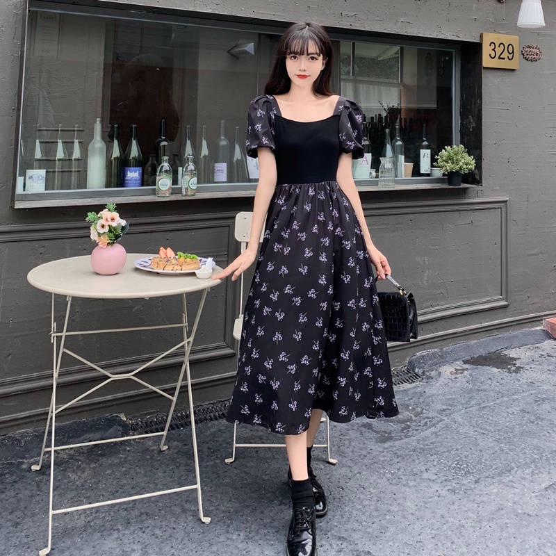 Đầm Perty in hoa tay phồng màu đen phong cách retro Hàn Quốc mùa hè cho nữ