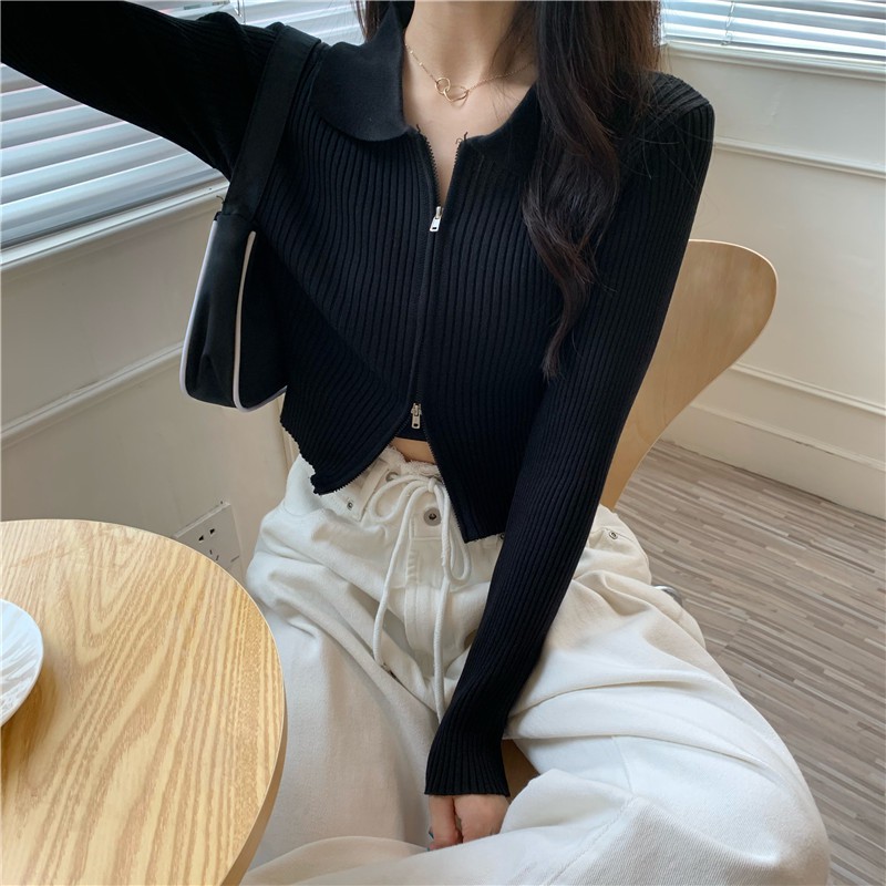 Áo croptop dệt kim dài tay cổ bẻ phối khóa kéo phong cách Hàn Quốc | BigBuy360 - bigbuy360.vn