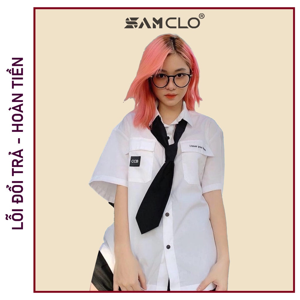 Áo sơ mi học sinh nữ tay ngắn - lỡ, form ulzzang freesize unisex, dáng rộng, mặc đi học, thêu chữ I LOVE YOU 3000 TRẮNG