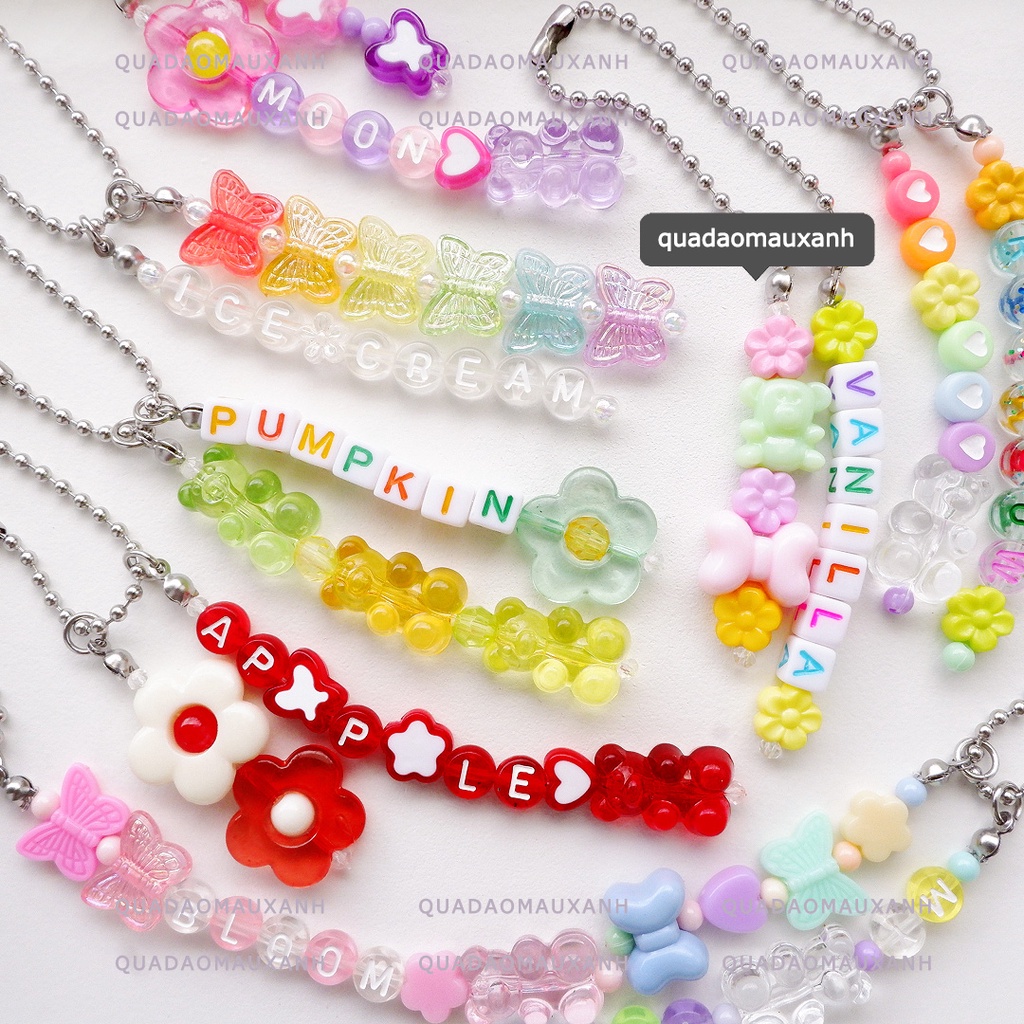 VER-5 Móc khóa dây bi xỏ hạt trong suốt màu pastel thay chữ cái tên idol theo yêu cầu treo collect book/balo/túi xách