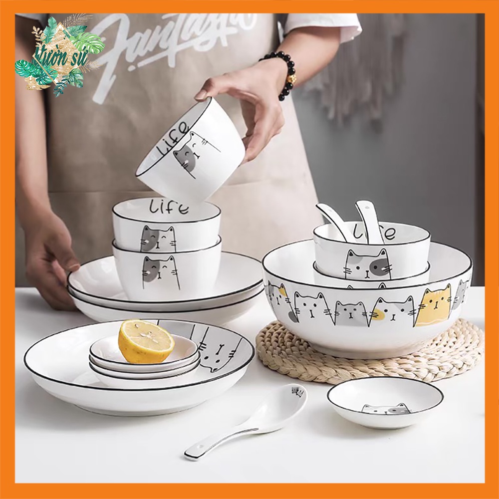 Bát đĩa sứ, bộ bát đĩa cao cấp họa tiết hình mèo 18 món – VS134