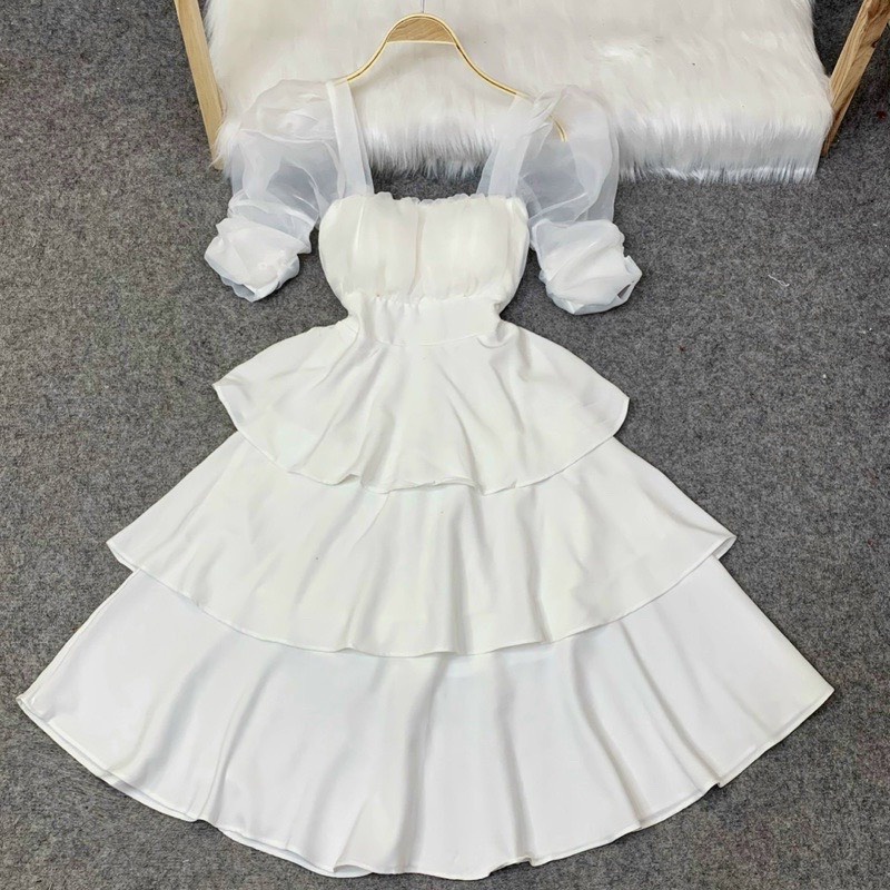 Đầm Thiết Kế Dự Tiệc Sang Trọng, Váy Đầm Nữ Dáng Dài Cổ Vuông Tay Phồng Phân Tầng Điệu Đà Nữ Tính Mặc Đi Đám Cưới- Tiệc