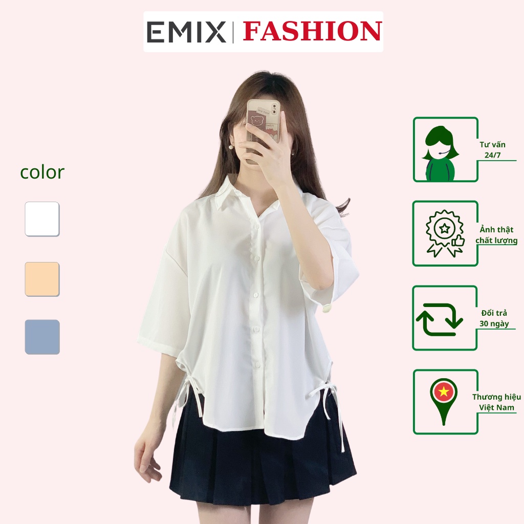 Áo sơ mi đi học đi làm EMIX (3 màu), basic, dáng dài, có cổ, buộc nơ 2 bên, tay lỡ, freesize dưới 55kg, vải trượt mát A3