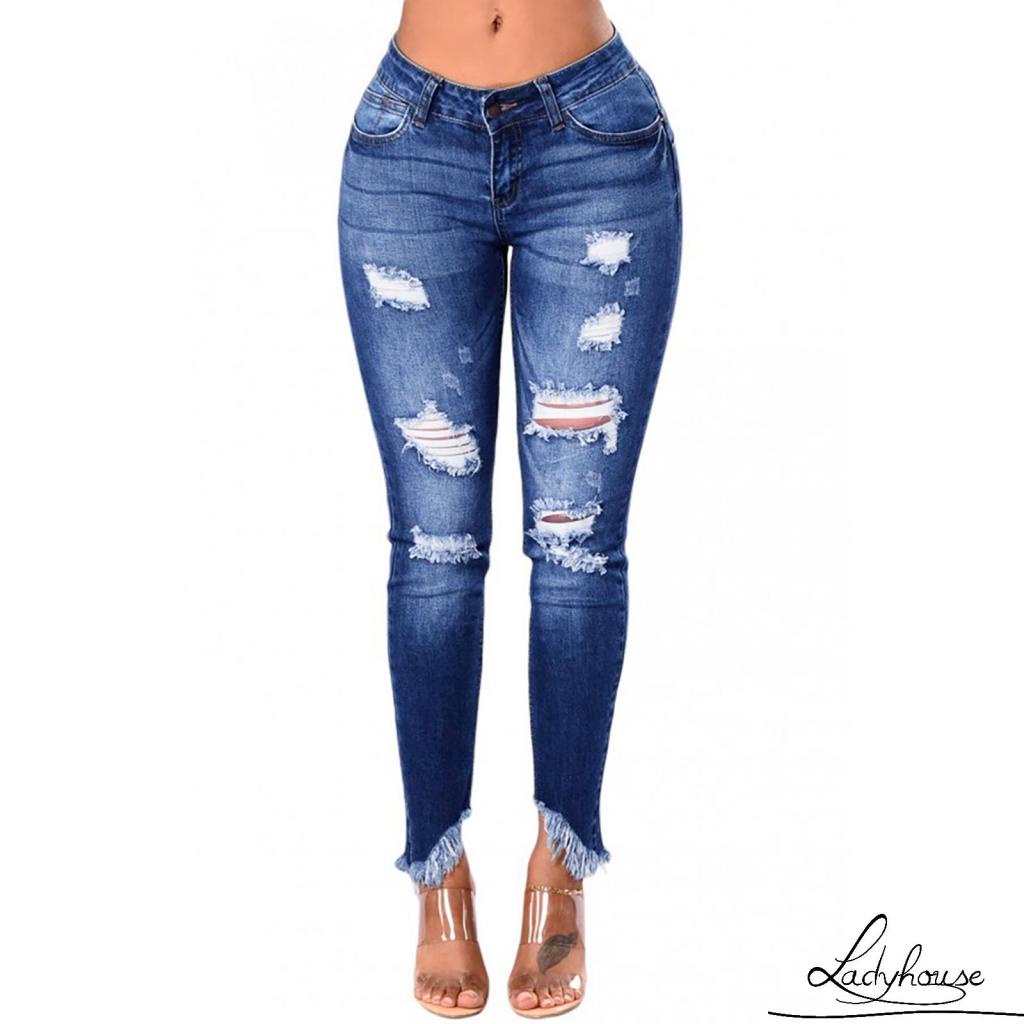 Quần Jeans Dài Rách Gối Thời Trang Dành Cho Nữ