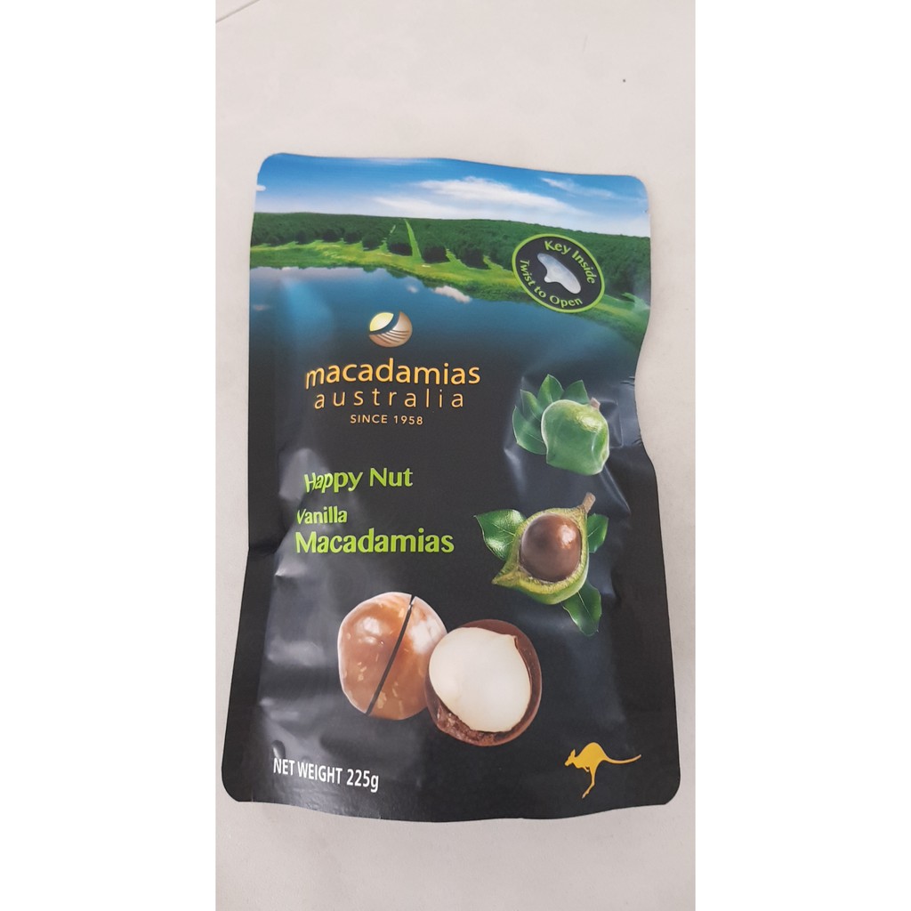 HẠT MẮC CA -  H𝗮̀𝗻𝗴 𝗰𝗵𝘂𝗮̂̉𝗻 ÚC (Thương hiệu macadamia australia Happy Nut Vanilla) - Túi 225gr - Giá 152k