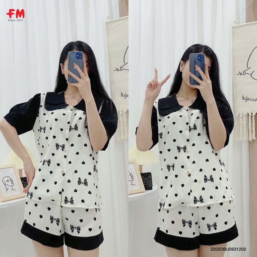 Đồ bộ nữ FM Style pijama lụa mặc nhà ngắn tay quần đùi cổ bèo dễ thương thời trang 220212021