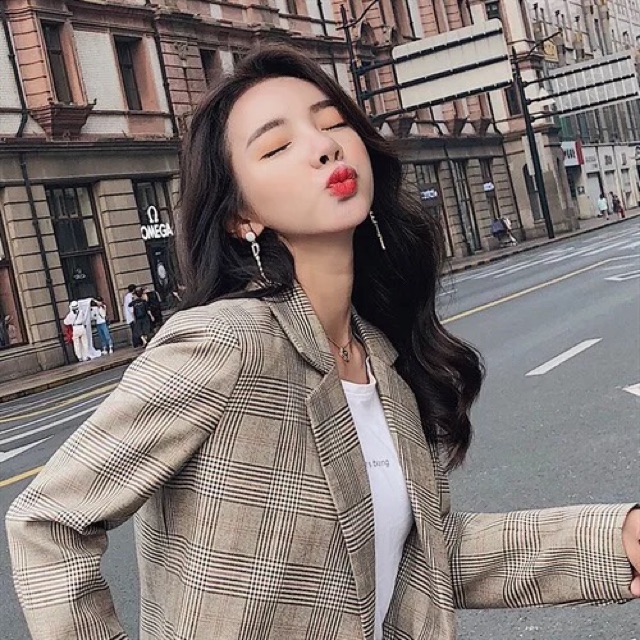 Áo vest dài tay hoạ tiết kẻ chất dạ dày dặn