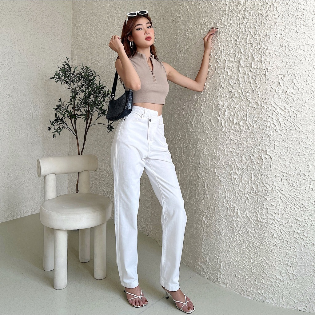 Áo croptop nữ trơn TOPTIFY sát nách dây kéo cổ lọ thun bo gân co giãn My Sunshine Top AC238