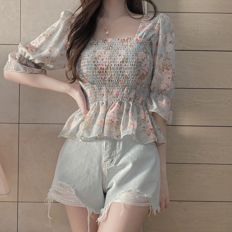 Áo chiffon IELGY cổ vuông tay lửng in họa tiết hoa ngọt ngào cho nữ