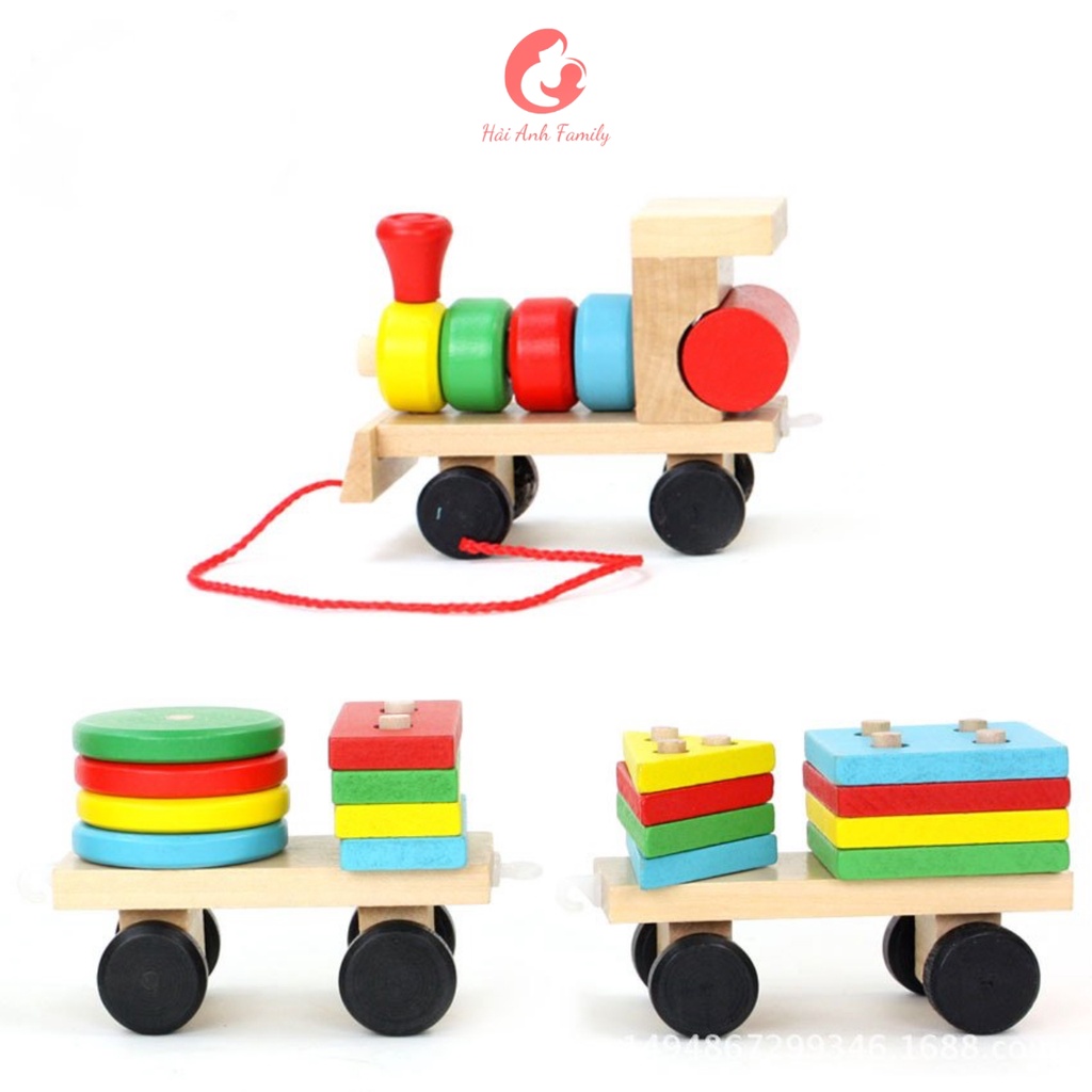 Đồ chơi tàu lửa gỗ 3 toa thả hình khối cho bé