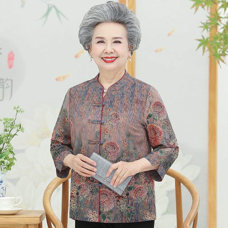 Bà nội quần áo mùa hè áo sơ mi mỏng cho người già