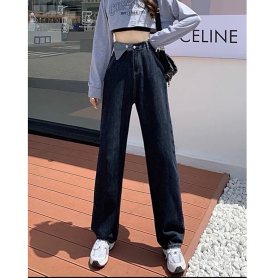 Quần Jeans Ống Rộng Cạp Cao Dáng Suông Vạt Tam Giác Q64 Ulzzang | BigBuy360 - bigbuy360.vn