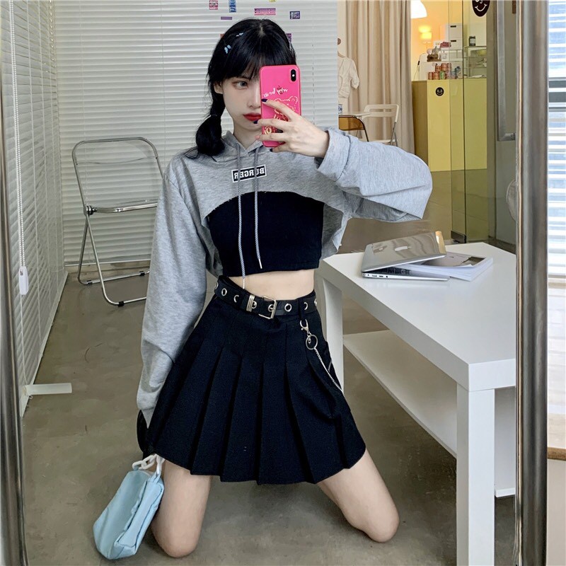 SET 2 MÓN Áo CROPTOP HOODIE BURGER Dài Tay Xanh Đen Xám mix Áo Body Đen Hot